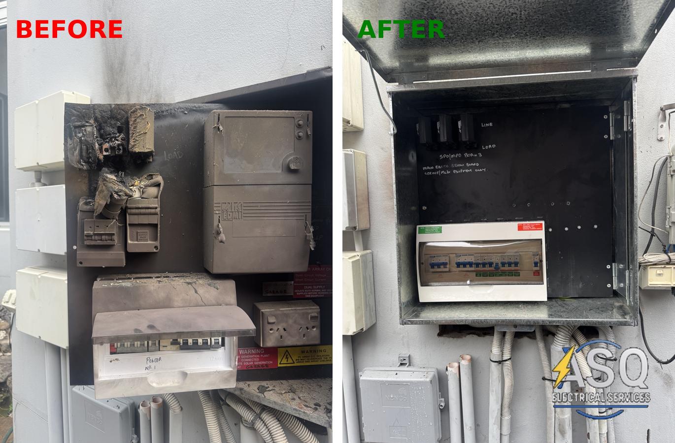 Before and after switchboard upgrade fire damage repair